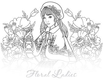 Floral lady coloring book. Coloring pages for girls. Adult coloring page, coloring bundle. Printable PDF coloring book. Instant Download.