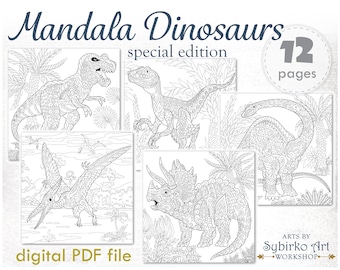Dinosaurs coloring pages. Dino coloring book for adults and kids. Mandala coloring bundle. Printable PDF coloring book. Instant Download.