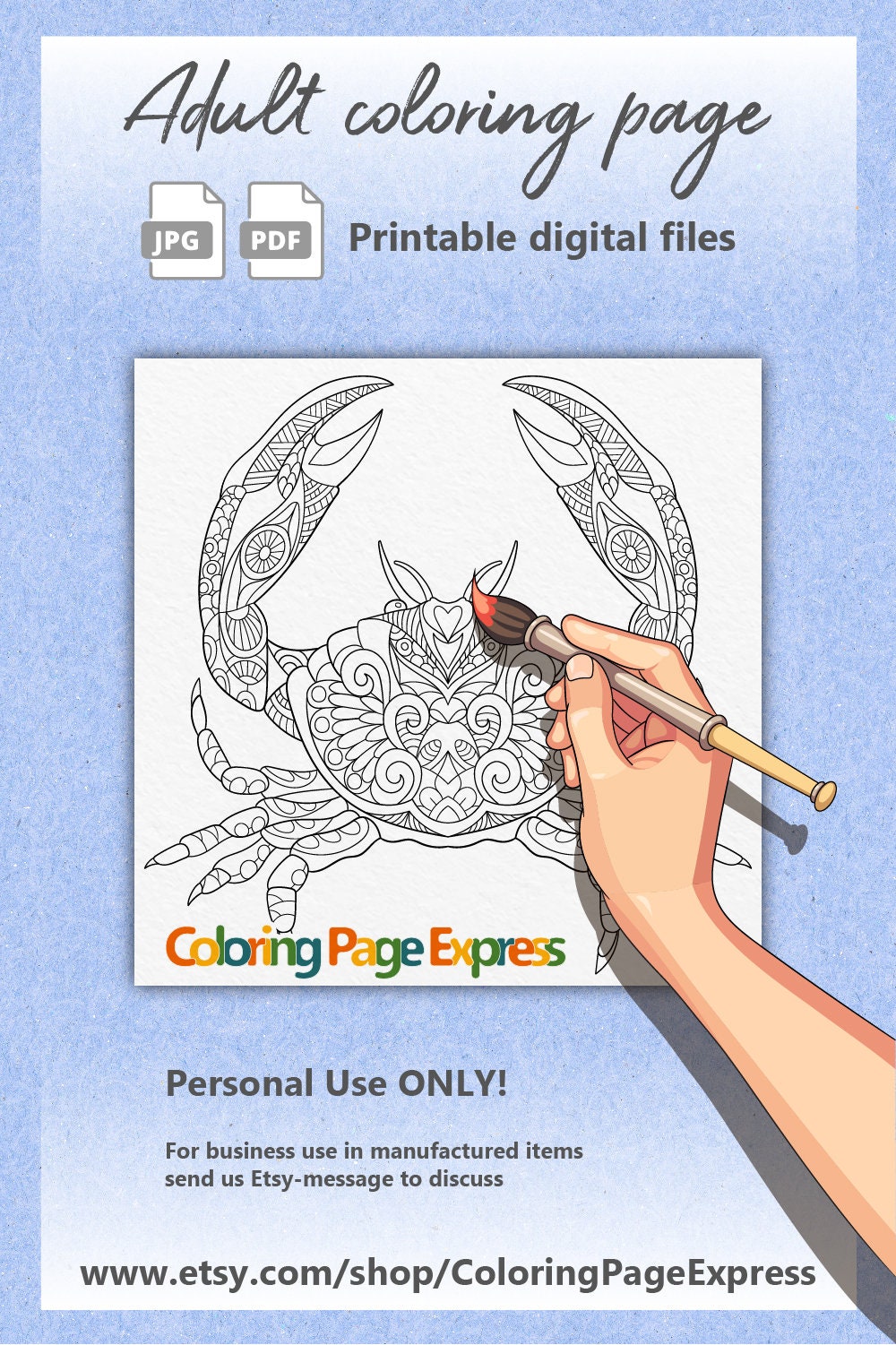Crab Coloring Page Adult Coloring Page Coloring Page For Etsy