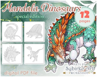 Dinosaurs coloring pages. Dino coloring book for adults and kids. Mandala coloring bundle. Printable PDF coloring book. Instant Download.