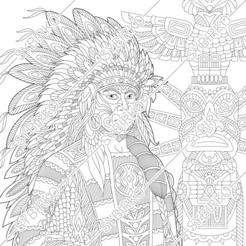 Download Coloring pages for adults. Native American Indian Chief. Adult | Etsy