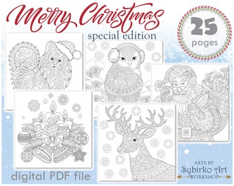 Merry Christmas coloring pages. Coloring book for adults and kids. Christmas coloring bundle. Printable PDF coloring book. Instant Download.