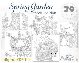 Spring flower garden coloring pages. Coloring book for adults or kids. Floral coloring bundle. Printable PDF coloring book. Instant Download