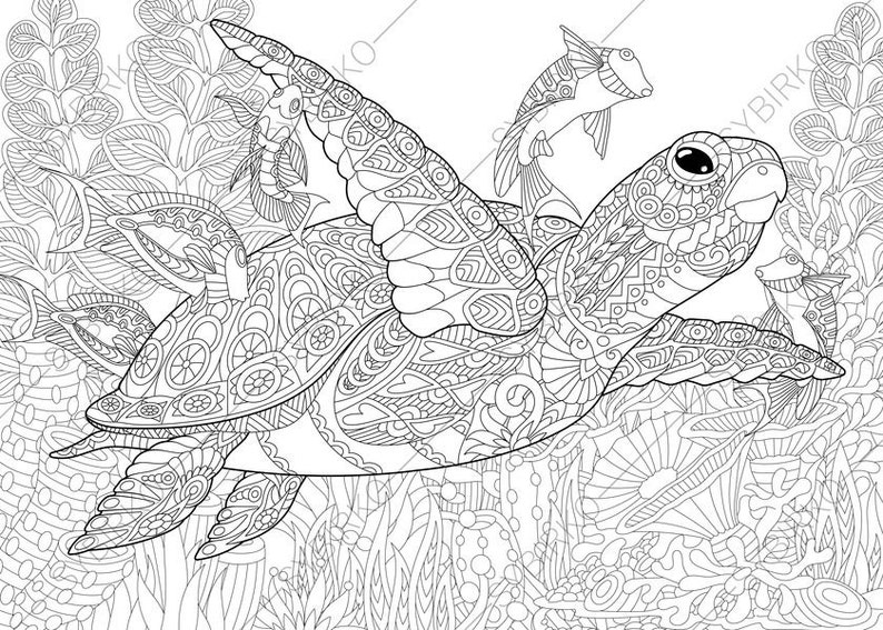Download Coloring Pages for adults. Ocean World. Turtle. Underwater | Etsy