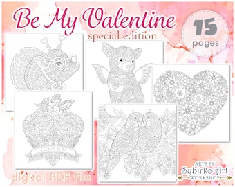 Valentines Day coloring pages. Coloring book for adults and kids. Mandala coloring bundle. Printable PDF coloring book. Instant Download.