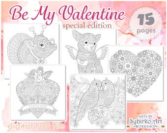 Valentines Day coloring pages. Coloring book for adults and kids. Mandala coloring bundle. Printable PDF coloring book. Instant Download.