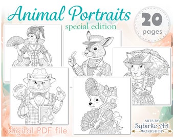 Animal portraits coloring pages. Coloring book for adults and kids. Mandala coloring bundle. Printable PDF coloring book. Instant Download.