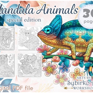 Wildlife animals coloring pages. Coloring book for adults and kids. Mandala coloring bundle. Printable PDF coloring book. Instant Download. image 1