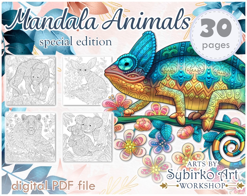 Wildlife animals coloring pages. Coloring book for adults and kids. Mandala coloring bundle. Printable PDF coloring book. Instant Download. image 1