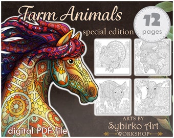 Farm animals coloring pages. Coloring book for adults and kids. Mandala coloring bundle. Printable PDF coloring book. Instant Download.