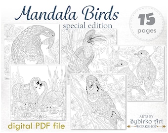 Lovely birds coloring pages. Coloring book for adults and kids. Mandala coloring bundle. Printable PDF coloring book. Instant Download.