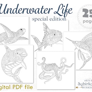 Sea ocean animals coloring pages. Coloring book for adults and kids. Mandala coloring bundle. Printable PDF coloring book. Instant Download.