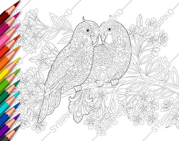 Download Coloring Page For Adults Birds In Love Valentines Day Etsy