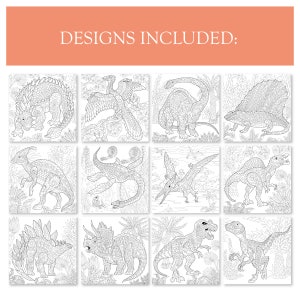 May include: A set of 10 black and white dinosaur coloring pages. Each page features a different dinosaur, including a stegosaurus, a pterodactyl, a brachiosaurus, and a velociraptor.