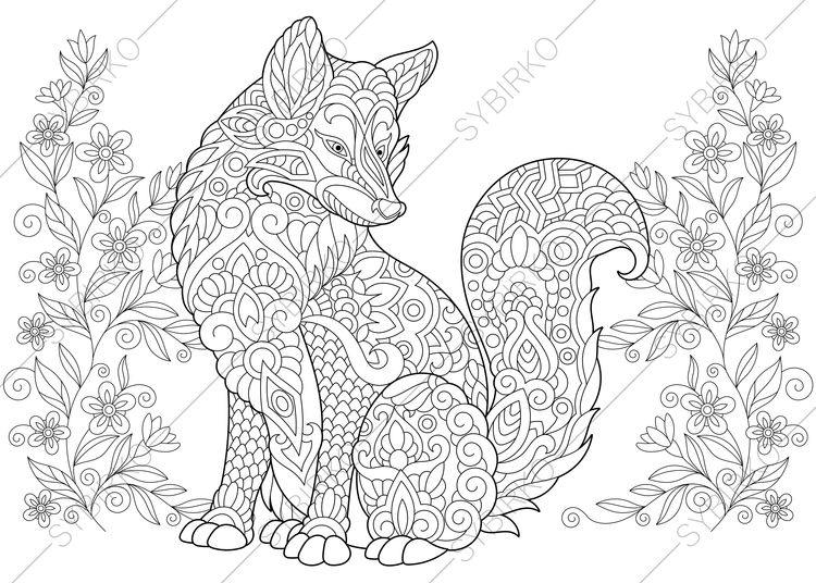  Fox  Flowers  Floral pattern 2 Coloring  Pages  Animal Etsy