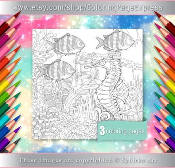 Download Coloring Pages For Adults Digital Coloring Pages Seahorse Etsy