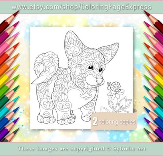 Coloring Page For Adults Digital Coloring Page Welsh Corgi Dog Adult Coloring Page Printable Adult Coloring Book Instant Download