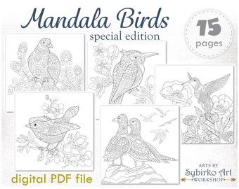 Exotic birds coloring pages. Coloring book for adults and kids. Mandala coloring bundle. Printable PDF coloring book. Instant Download.