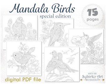 Exotic birds coloring pages. Coloring book for adults and kids. Mandala coloring bundle. Printable PDF coloring book. Instant Download.