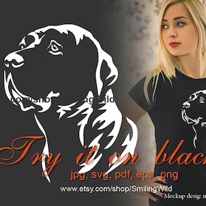 May include: Black t-shirt featuring a white graphic of a dog's head. The image includes the text "Try it on black!" and website information. The design is available in JPG, SVG, PDF, EPS, and PNG formats.