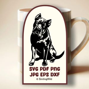 May include: A black and white illustration of a dog in a sitting position, with the text "SVG PDF PNG JPG EPS DXF" and the SmilingWild logo. The image is set against a cream-colored background with a dark brown border.