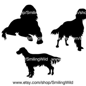 May include: Silhouettes of three Irish Setter dogs in various poses. The dogs are all black and are set against a white background.