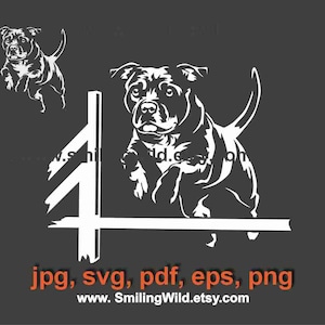 May include: A white silhouette of a pit bull dog jumping over a white hurdle. The dog is in mid-air with its legs extended. The image is on a dark gray background.  jpg, svg, pdf, eps, png www.SmilingWild.etsy.com