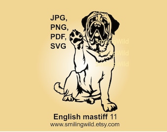Peut inclure: Silhouette noire et blanche d'un dogue anglais assis, la patte levée. Le chien regarde vers la droite. Le texte "English Mastiff 11" et "www.smilingwild.etsy.com" est sous le chien.