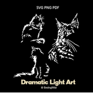 Puede incluir: Ilustración en blanco y negro de tres gatos. El texto "SVG PNG PDF" está en la parte superior y "Dramatic Light Art" en la inferior. La obra presenta siluetas de gatos detalladas.