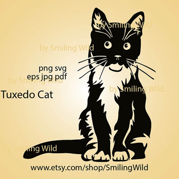 Tuxedo Cat svg clipart vector graphic art Bicolor cat sitting laser cut file black and white cat svg cuttable cricut digital design