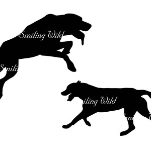 May include: Silhouette of two dogs running. The dog on the top is jumping in the air with its legs extended. The dog on the bottom is running with its legs extended. Both dogs are black.