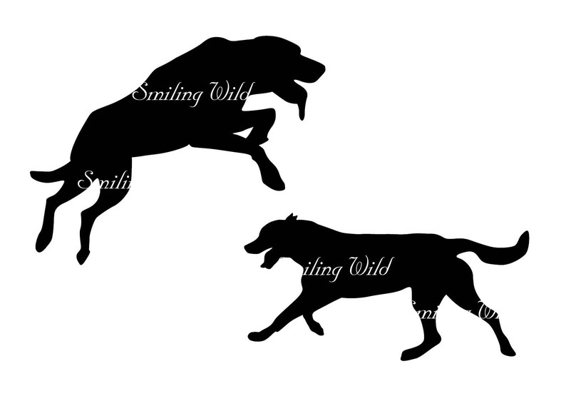 May include: Silhouette of two dogs running. The dog on the top is jumping in the air with its legs extended. The dog on the bottom is running with its legs extended. Both dogs are black.