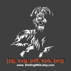 Liegen Ierse wolfshond svg portret, hond gesneden in wit print op zwart, Ierse wolfshond clipart Ierse wolfshond Graveerbare gesneden bestand cricut