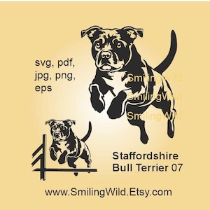 May include: Black and white silhouette of a Staffordshire Bull Terrier jumping over a hurdle. The dog is in mid-air with its legs extended. The text "Staffordshire Bull Terrier 07" and "www.SmilingWild.Etsy.com" are below the image.