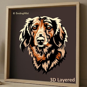 May include: A framed print featuring a stylized illustration of a dachshund dog's head. The artwork uses a palette of black, brown, and cream against a dark gray background. The text "3D Layered" is at the bottom. The artist's name, "SmilingWild", is in the top left corner.