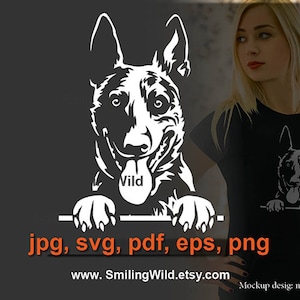 Pastor holandés que mira fijamente svg y png, retrato de arte gráfico vectorial blanco, cabeza de perro sonriente svg, archivo recortado para patas de exhibición de perros, pastor holandés recortable