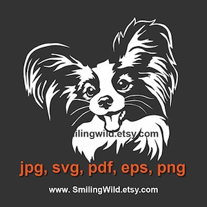 Papillon svg portret wit afdrukken op zwarte lachende hond clipart Papillon gesneden bestand Graveerbare cricut digitaal ontwerp artwork