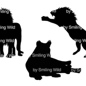 May include: Black silhouette illustrations of lions in various poses. One lion stands, another leaps, and a third reclines. The text "Smiling Wild" is visible on the image.