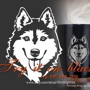 Husky svg lachende hond vector kunst Siberische husky gesneden in wit afdrukken op zwart gesneden bestand husky clipart Graveerbare cricut digitaal ontwerp