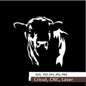 Black Angus Bull SVG Cut FIle Design: Farm animal head White Vector Clip Art