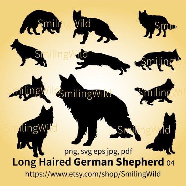 Long haired German shepherd svg silhouette bundle, long coat shepherd cuttable digital vector graphic clip art
