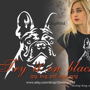 Clipart de cabeça SVG de Bulldog Francês imprimível em preto; Gráfico vetorial de Bulldog Francês, arquivo de corte de cachorro Bulldog Francês, design digital cortável