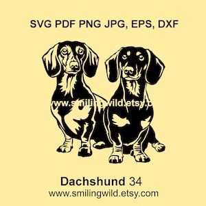 May include: Black and white illustration of two dachshunds on a light yellow background. The image includes the text "SVG PDF PNG JPG, EPS, DXF" at the top and "Dachshund 34" and a website address at the bottom.