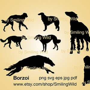 May include: A collection of six black silhouettes of Borzoi dogs in various poses, including standing, running, and sitting. The text "Borzoi", "png svg eps jpg pdf", and "www.etsy.com/shop/SmilingWild" is printed at the bottom in black.