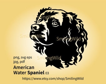American Water Spaniel svg face clip art cuttable portrait, aws water spaniel vector graphic digital design, dog png illustration