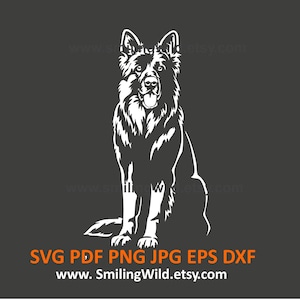 Duitse herder zittend SVG PNG DXF - realistische witte hond vectorclipart voor logo-ontwerp - Honden grafisch, knutselen, Cricut en lasersnijden