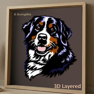 Berner sennenhund SVG 3D flerskiktad, husdjurspappersskuren konst - Laser, CNC-fil för väggkonst och dekor - shadow box