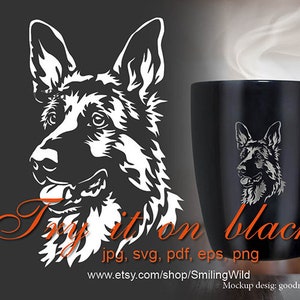 Duitse herder SVG portret, gesneden in witte print op zwarte herder hond portret clipart Graveerbare cricut hond hoofd artwork