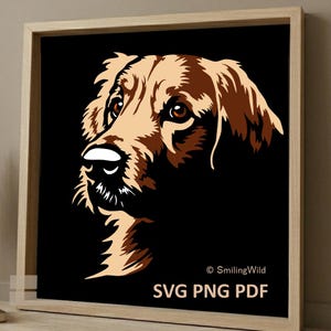 May include: A framed print featuring a stylized illustration of a dog's head in shades of brown and tan against a black background. The artwork includes the text "SVG PNG PDF" and the copyright notice "SmilingWild".