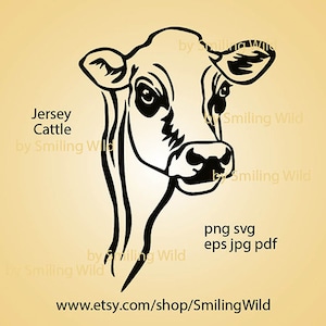 Jersey bovins svg vache tête portrait Jersey fichier découpé au laser art graphique vectoriel Jersey vache animaux de la ferme dessin au trait numérique cricut découper
